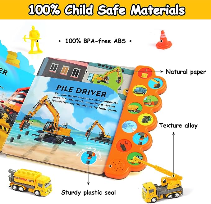 iGRATENS Construction Toys with Sound Books - Dig It! Dump It! Build It! | Construction Board Book with 10 Buttons & 20pcs Toys, Realistic Sound, Exquisite Illustrations, Great for Little Truck Lovers