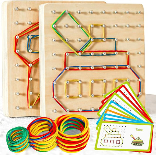 CHEROSIN 2Pack Wooden Geoboard Montessori Toys - Wood Geo Board Manipulative Geoboards for 4 5 6 Year Old Kids with Pattern Cards and Rubber Bands,Brain Teaser STEM Toy for Boys Girls Ages 3-6