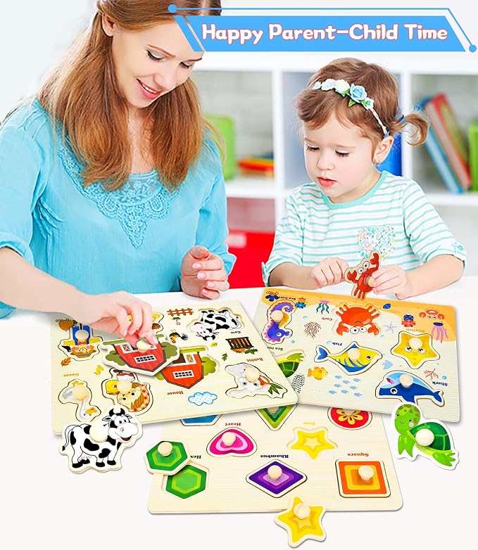 Wooden Peg Puzzles for Toddlers,Montessori Toddler Jigsaw for Child,Fine Motor Skill Learning Puzzle Toys for Baby Boys Girls Gifts-3 Pcs Shape,Farm,Sea Animal