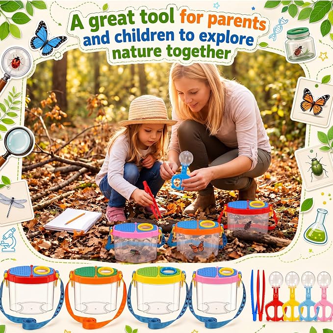 Halloscume 20 Set Bug Catcher for Kids Bug Viewer and Insects Tweezer for Students, Critter Catching Kit Magnifying Insect Cage Container Kit for Kids Outdoor Science Nature Exploration