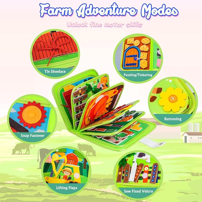 Busy Book for Toddlers 1-3 Montessori Busy Board for 1 Year Old Boy Girl Gift Farm Animal Sensory Toys Educational Learning Quiet Airplane Travel Activity Books First Birthday Gifts