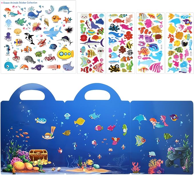 ASTARON Reusable Puffy Sticker Book，88 pcs Ocean Stickers Educational Toy | 88 pcs Reusable Sticker,Waterproof Jelly Stickers, Portable Travel Toys,Educational Sensory Learning Toy,Gift for Boy Girl