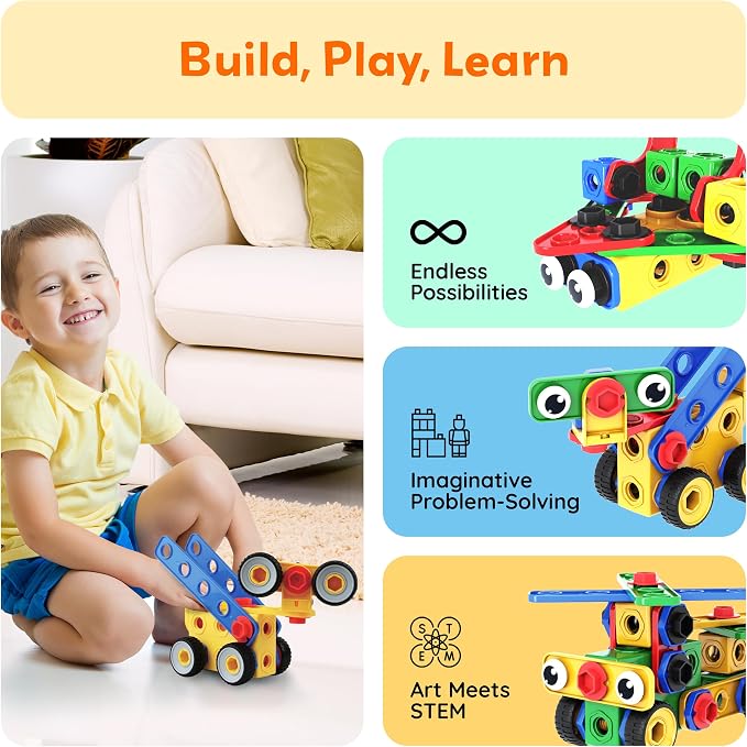 PicassoTiles 201pc STEM Learning Block Construction Kit with Power Drill and Clickable Ratchet Educational Engineering Toy Set Kids Age 3 Plus Preschool Activity Creative Play with Idea Book PTN201