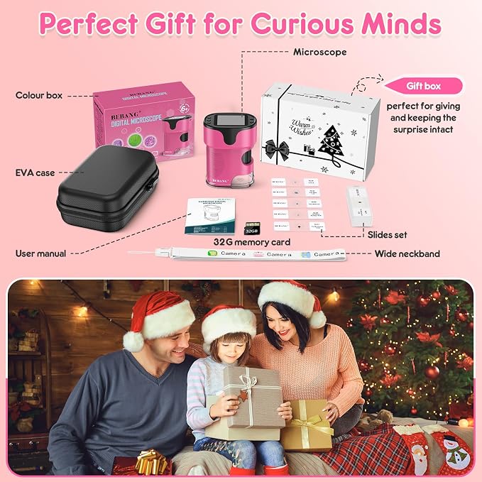 Kids Digital Microscope Science Gift: Complete STEM Toy Kit for Ages 4-12 | 32GB Card for Photos & Video / Custom EVA Case / Real Glass Slides / Upgraded 3mm Slide Slot / 2.5H Rechargeable Use