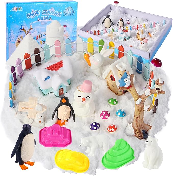 FIIOEOY Snow Sensory Bin, Play Sand Art Kit for Kids with Sensory Sand, Arctic Animal Figures, Winter Wonderland Sensory Snow Toy Birthday Gift for Toddler Ages 3 4 5 6 7 8