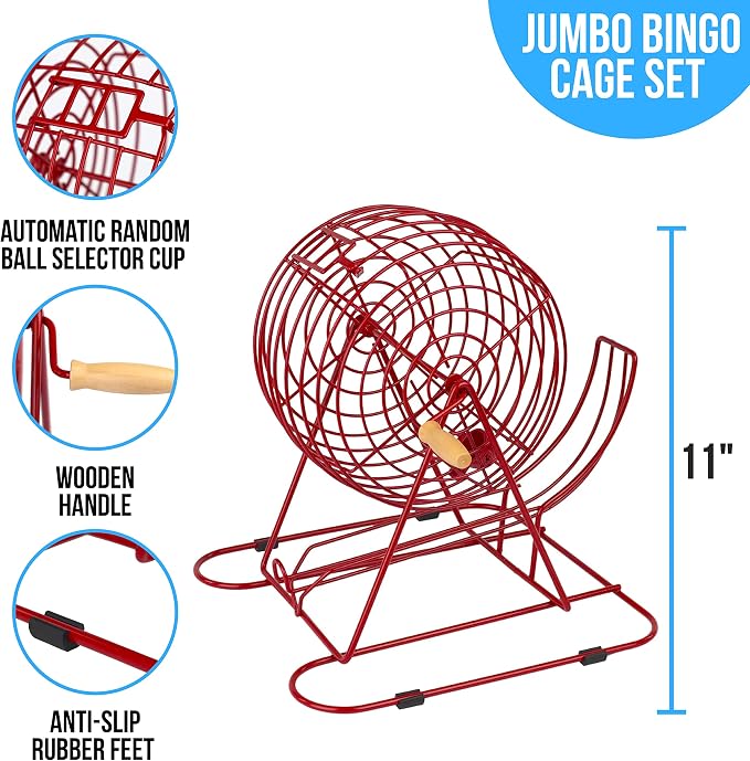 Regal Bingo Red Professional Bingo Game Set with 11" Wheel Cage, 75 Bingo Balls, Master Board, 18 Bingo Cards & 25 Jumbo Reusable Cards, and Colorful Chips - Bingo Games for Adults Large Group