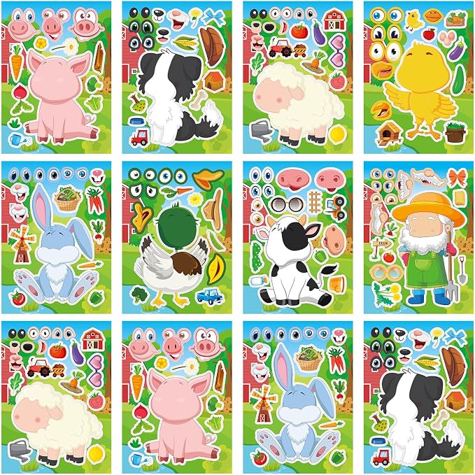 24 Sheets Make a Face Farm Animal Stickers for Kids Party Favors | Make Your Own Farm Stickers Birthday Decorations Supplies, Toddlers Crafts Activities Gifts Goodie Bags Stuffers Games