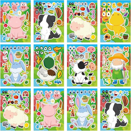 24 Sheets Make a Face Farm Animal Stickers for Kids Party Favors | Make Your Own Farm Stickers Birthday Decorations Supplies, Toddlers Crafts Activities Gifts Goodie Bags Stuffers Games