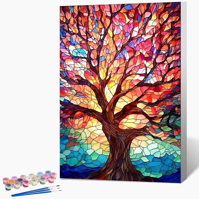 Fountor Framed Paint by Numbers Kit for Adults Beginner & Kids Ages 8-12, Tree of Life Paint by Number with Frame, Easy Acrylic Stained Glass Colorful Tree Painting by Numbers Kit on Canvas 8x12 inch
