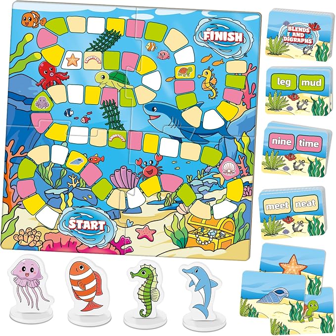 Broytain Word Ocean Phonics Board Game for Kids, Educational Learning Board Game for Boys and Girls, Reading and Spelling Game Ages 4-6, Classroom Travel Indoor Outdoor Family Game