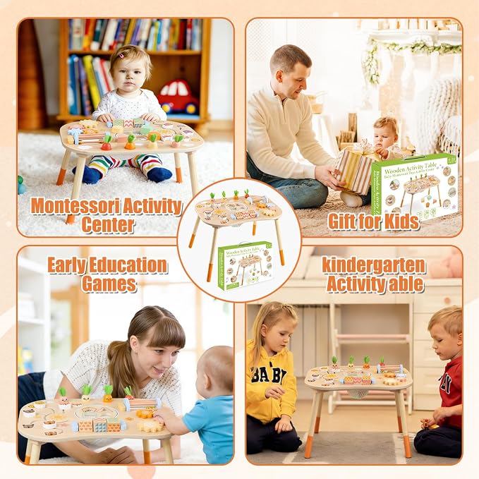 Wooden Activity Table for 1 Year Old Toddlers Sensory Table Activity Center | Wood Montessori Baby Activity Table Shape Sorter Game Sensory Toys for 2 1-3 Kids Gift (Length*Height: 17"*11.8")