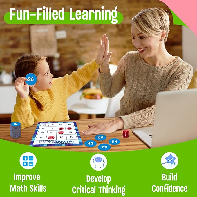 SpriteGru Number Bingo Game, Number 1-100 Bingo Board Game Learn & Count to Read 2 Versions Number Recognition Game for Kids 5-12, Perfect for Classroom & At Home