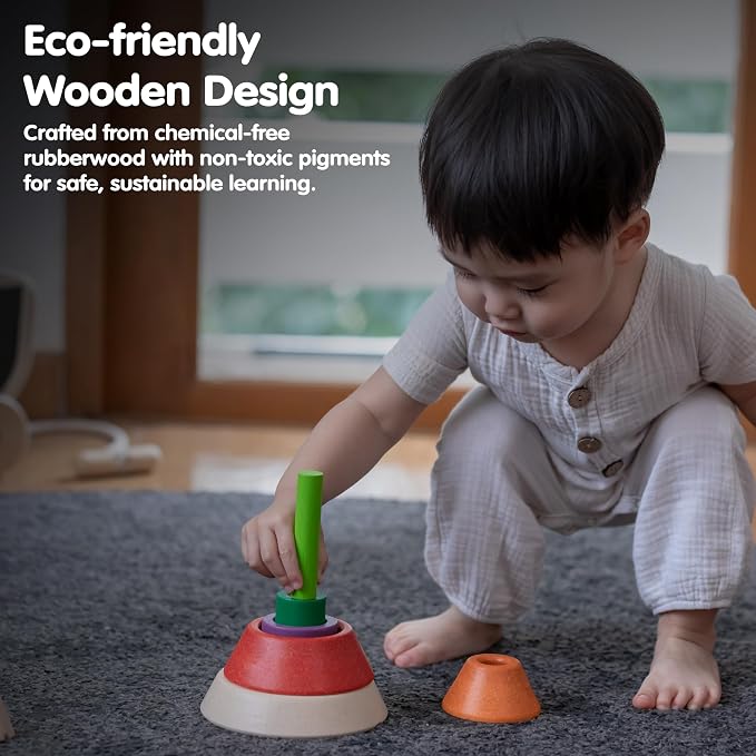 PlanToys® Cone Sorting Wooden Toy Set for Kids Ages 3+ Montessori Activity | cone sorting set, montessori colour size recognition, fine motor skill logic focus, ages 3+ educational wooden toy, preschool
