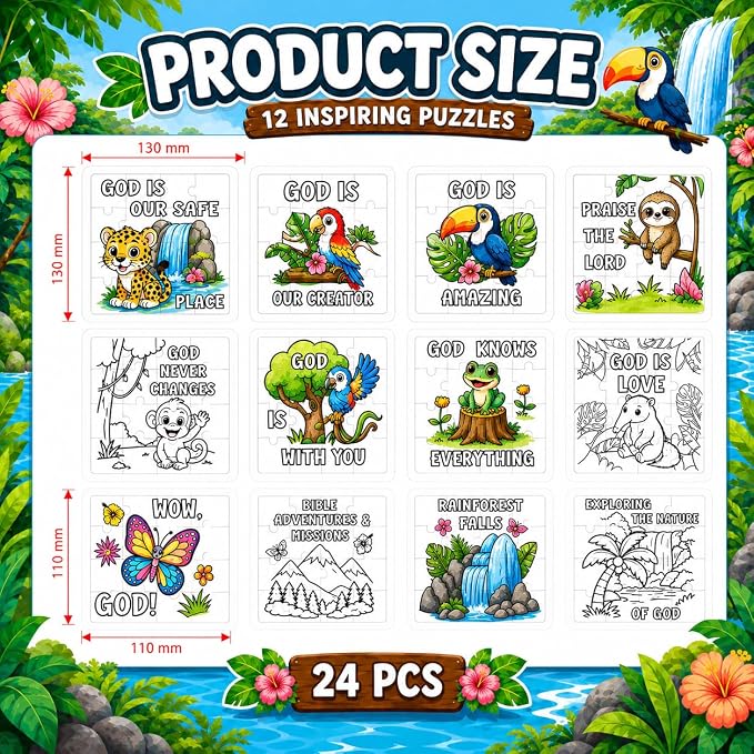 Cinrobiye 24 Pcs Rainforest Falls VBS Coloring Puzzle Kit, Christian Jungle Animal Puzzle Crafts for Vacation Bible School, Sunday School, Church Activities and Faith-Based Group Events