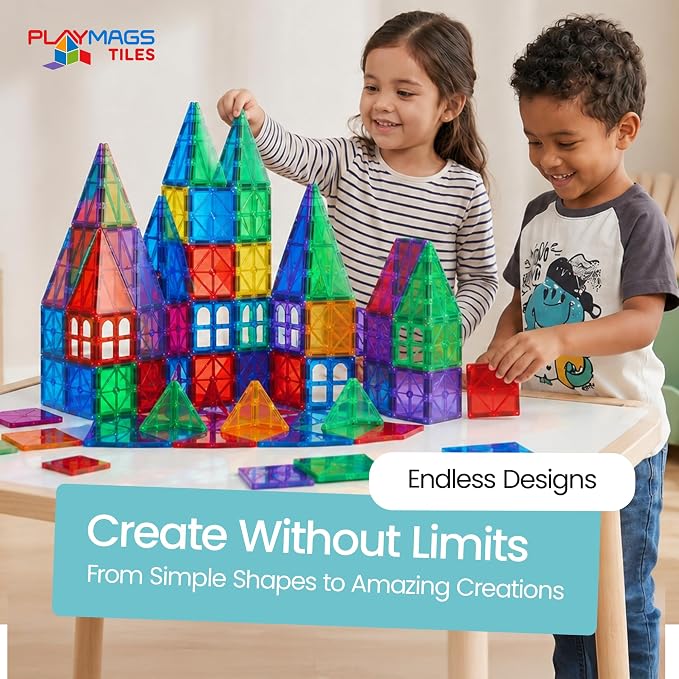 Playmags Magnetic Tiles for Kids 150-Piece Set, STEM Educational Building Blocks Toys for Kids, Includes Click-in ABC Learning Tiles, Gift for Boys & Girls, Add on Magnetic Figures, Car Set Available