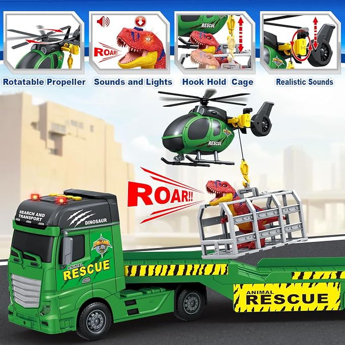 Bstoyder Toddler Boy Toys for 3 4 5 6 7 Years Kids, 23" Semi Flatbed Truck Toy with a Dinosaure Truck, Friction Powered Vehicles Toys with Lights and Sounds, Birthday for Boy Girls
