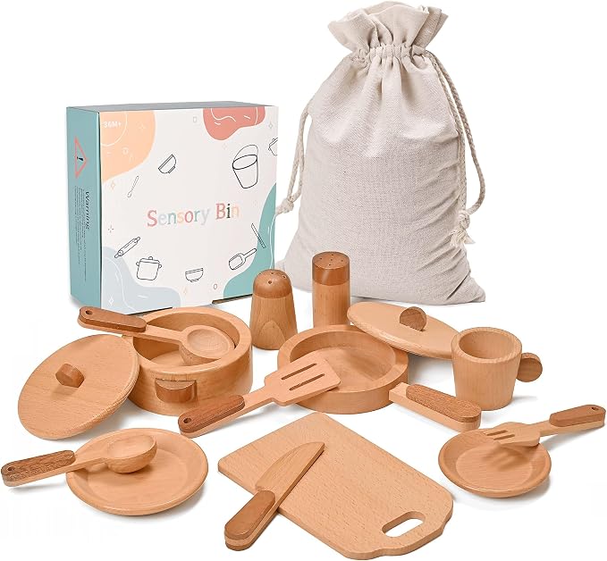 Play Kitchen Accessories Montessori Wooden Toys | Kids Kitchen Set Cookware Plates Dishes Pots Pans Cooking Playset 15pcs Sensory Toys for Toddlers Girls Boys With Storage Bag