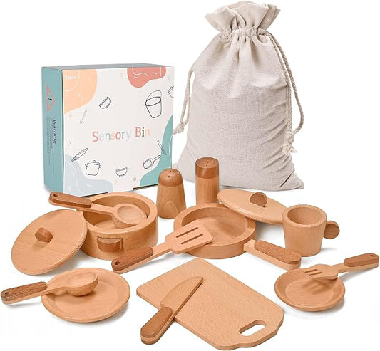 Play Kitchen Accessories Montessori Wooden Toys | Kids Kitchen Set Cookware Plates Dishes Pots Pans Cooking Playset 15pcs Sensory Toys for Toddlers Girls Boys With Storage Bag
