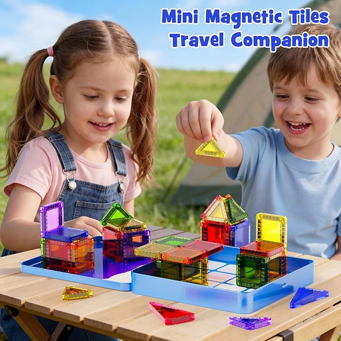 Mini Magnetic Tiles Travel Kit: 60Pcs Airplane Activities & Road Trip Toys | Visual Storage Box & Metal Play Base - Portable STEM Sensory Building Blocks for Toddlers & Kids Ages 3-8