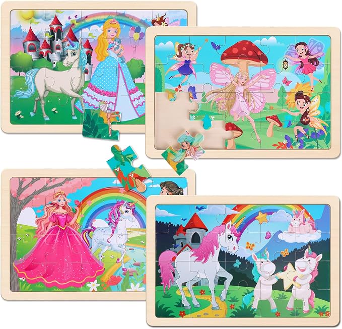 Wooden Jigsaw Puzzles for Preschool Kids Ages 3-5, 4-Pack with 20 Pieces Unicorn Princess Wood Puzzles Set, Preschool Gifts for Boys Girls Ages 3 4 5 6