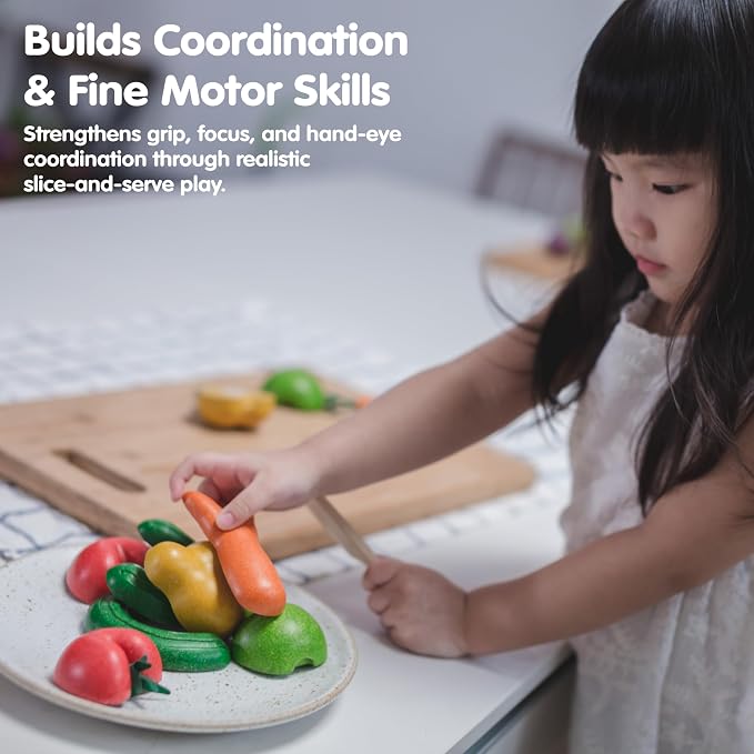 Plan Toys 3495 Wooden Toy, Wood | slicing, knife, tray, fruits and vegetables toys, pretend food, girls, boys, fine motor role play, social gift preschool