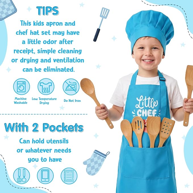 R HORSE 2 Pieces Kid Apron and Chef Hat Set, Dress up Role Play Chef Toy | Small Size, Adjustable, Little Chef Blue Kitchen Apron, Ideal for Cooking, Baking, Painting, Kid Funny Birthday Cooking Gift
