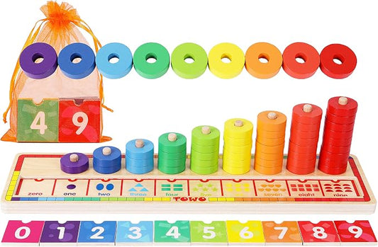 TOWO Wooden Counting Ring Stacker, 45 Rings Number Blocks Toy | Includes 45 rings and number blocks for sorting, counting and early math; Montessori learning toy for kids age 3+
