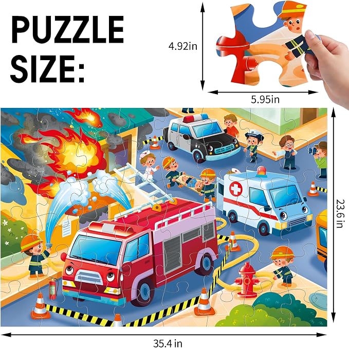 Jumbo Floor Puzzle for Kids,48 Piece Fire Rescue Jigsaw Puzzle Ages 3-8 | Firefighter Fire Truck Vehicle Puzzle,Extra-thick Cardboard,35x24 in Completed,Preschool Learning Toy Gift for Boys and Girls