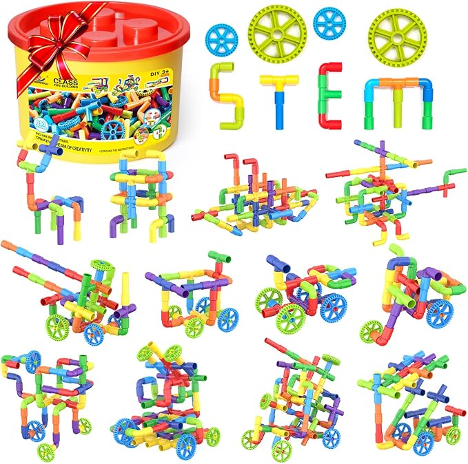 250 Pcs Tubular Pipes & Spout STEAM Interlocking Educational Building Blocks Set, Kids Tube Locks Construction Set with Storage Box, Idea Book, Preschool Educational Toy Gift for Toddlers Age 3+