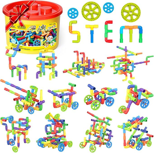 250 Pcs Tubular Pipes & Spout STEAM Interlocking Educational Building Blocks Set, Kids Tube Locks Construction Set with Storage Box, Idea Book, Preschool Educational Toy Gift for Toddlers Age 3+