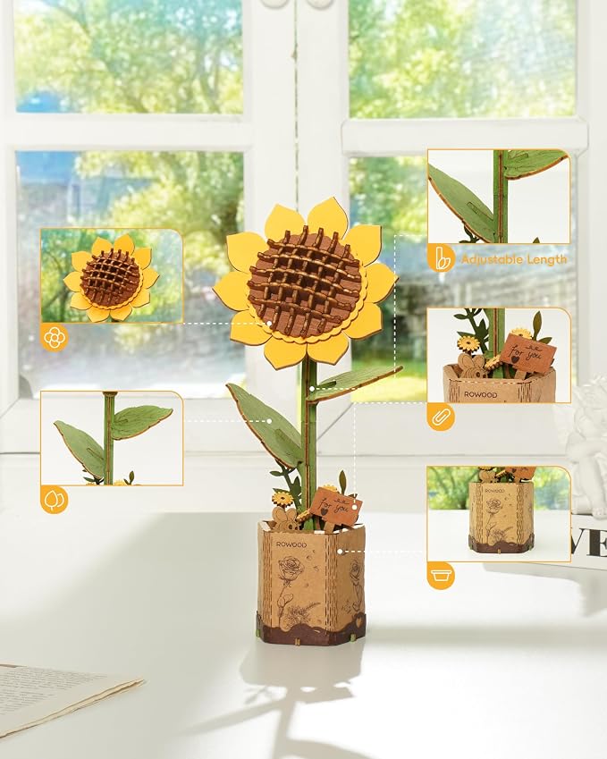rowood 3D Wooden Puzzles for Adults, Mother's Day DIY Artifical Flower Craft Kit,Botanical Collection Home Decor, Valentine's Day/Thanksgiving Day/Christmas/Birthday Gift -Sunflower