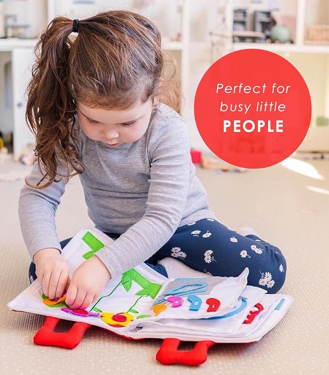 Curious Columbus My Big Day Quiet Book, Fabric Busy Book for Travel (Red) | 10 Interactive Pages, Color Matching, Counting, Buttons, Zippers, Buckles and Lacing, Book Zips Closed with Carry Handles
