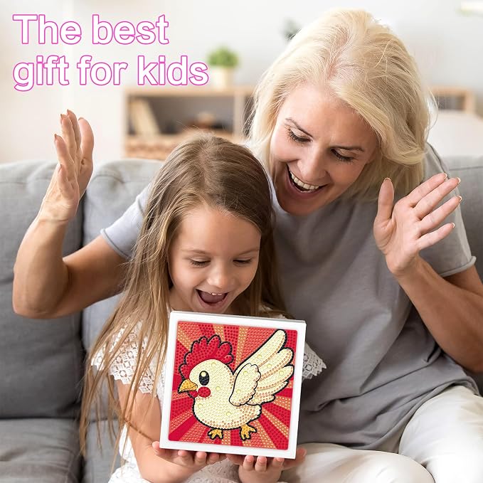 Reofrey Diamond Art Kits for Kids with Frame, 5D DIY Rooster Diamond Painting Kits, Fun Arts and Crafts Gift for Girls & Boys Ages 4-12, Creative Educational Toy for Beginners (7x7 Inches)