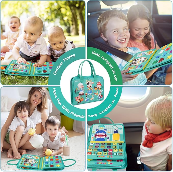 Montessori Busy Board - Sensory Learning Toys for Toddlers 3-6 Years-10 Pages-32 Activities, Airplane Car Travel Educational Toys for Autism, 3 Years Boy Birthday Gift (Cyan)