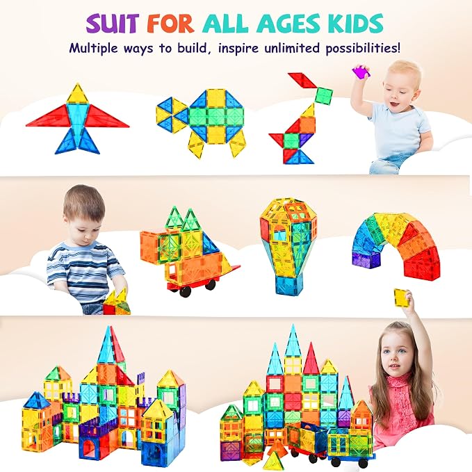 cossy 220Pcs Magnetic Tiles Magnetic 3D Building Blocks Set, Construction Toys for 3 4 5 6 7 8 Year Old Boy and Girl with Stronger Magnets, Educational Toys, Recreational, Conventional