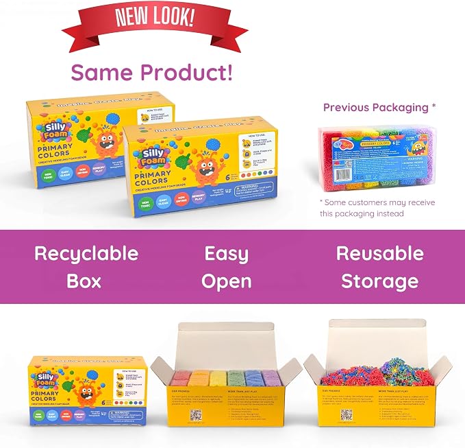 Silly Foam, Creative Modeling Foam Beads, 2-Pack of 6 Primary Colors, Easy Clean Up, Perfect for Preschool and Kids, Arts & Crafts, Sensory Play, STEM, Travel Toy, Holiday Gifts, Non-Toxic (Age 3+)