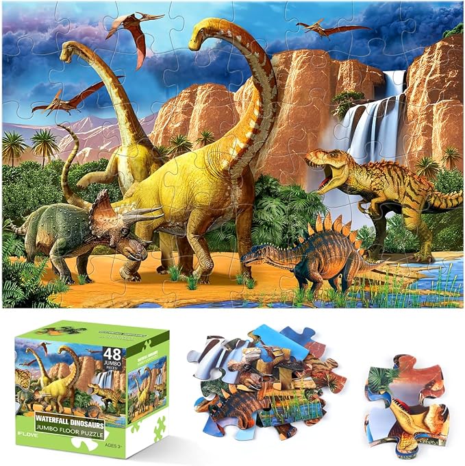 Jumbo Floor Puzzle for Kids,48 Piece Waterfall Dinosaur Jigsaw Puzzle | Thick Cardboard Waterfall Dinosaur Puzzle for Preschool Learning, Ages 3-8,35x24 in Completed,Gift for Boys and Girls