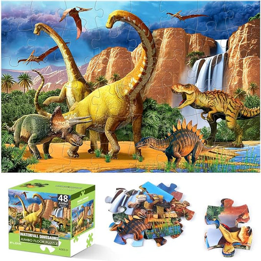 Jumbo Floor Puzzle for Kids,48 Piece Waterfall Dinosaur Jigsaw Puzzle | Thick Cardboard Waterfall Dinosaur Puzzle for Preschool Learning, Ages 3-8,35x24 in Completed,Gift for Boys and Girls