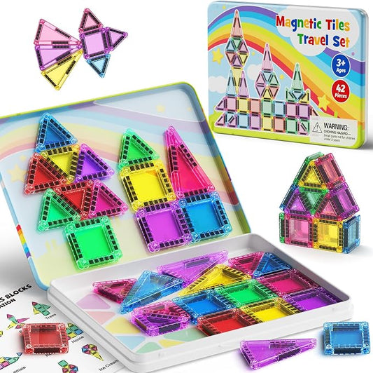 Magnetic Tiles Travel Set Toddlers: 42PCS Mini Building Blocks for Planes | Iron Case Flips to Play Base, 1:1 STEM Visual Guide Teaches Cleanup, Candy Colors Quiet Car Ride Activities for Kids Ages 3-5