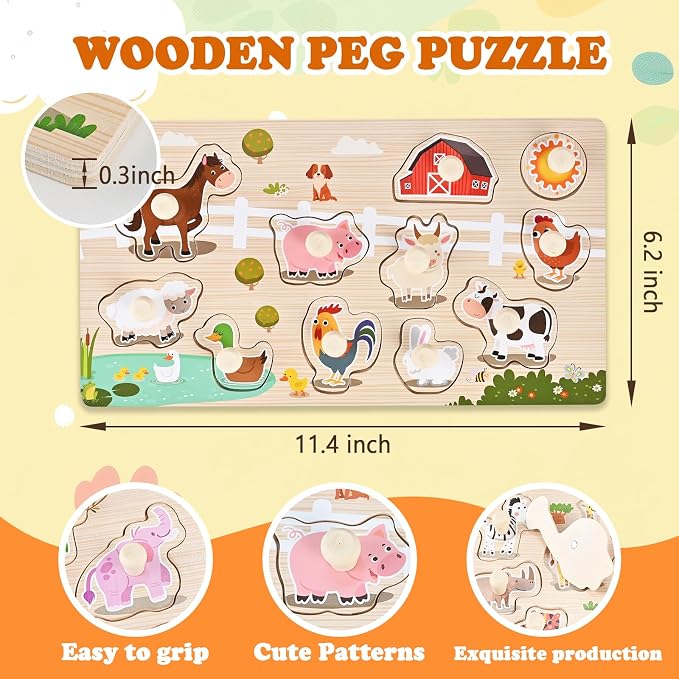 Wooden Peg Puzzles for Toddlers 1-3, 2 Pcs Montessori Puzzles, Zoo & Farm Animal Puzzles, Great Preschool Educational Learning Gifts for Girls and Boys