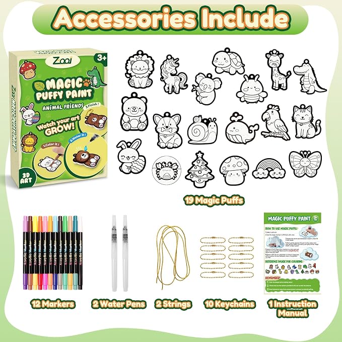 Magic Puffs Paint 3D Art Crafts Kit, Back to School Supplies Gifts for Kids | 19 Mess-Free Paint by Number Crafts for Kids Ages 4-8, DIY Color Inflate Activity, Gift for Girls Boys Ages 4-12