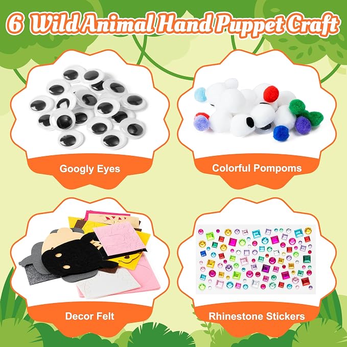 WATINC Hand Puppet Making Kit, Felt Sock Puppet Toys for Kids (Wild A) | 6 Styles, Make Your Own Storytelling & Role Play Crafts, Creative Group Activity, Party Favors & Gifts for Kids Ages 4-8