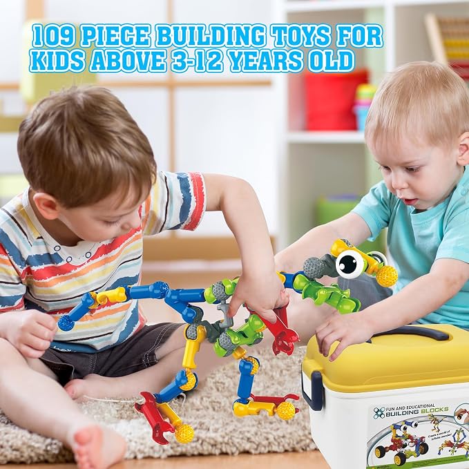 Huaker STEM Building Toys for 3 4 5 6 7 8 Year Old Boys Girls Birthday Gift | 109 Pcs STEM Activity Kit & Toy for Kids Ages 3-8 with Portable Storage Box, Perfect for Preschool, Homeschool, and Classroom