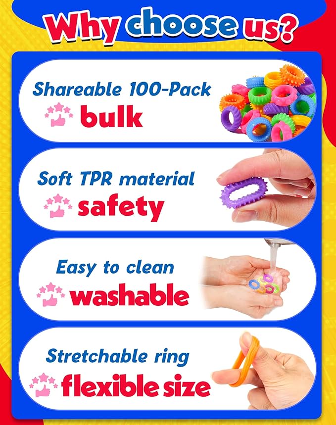 KLT Fidget Toys Bulk for Kids: 100pcs Textured Fidget Ring - Classroom Prize Box Quiet - Party Favors Gift Bags Stuffers - Sensory Bin Filler for ADHD Autism Kids Stress Relief