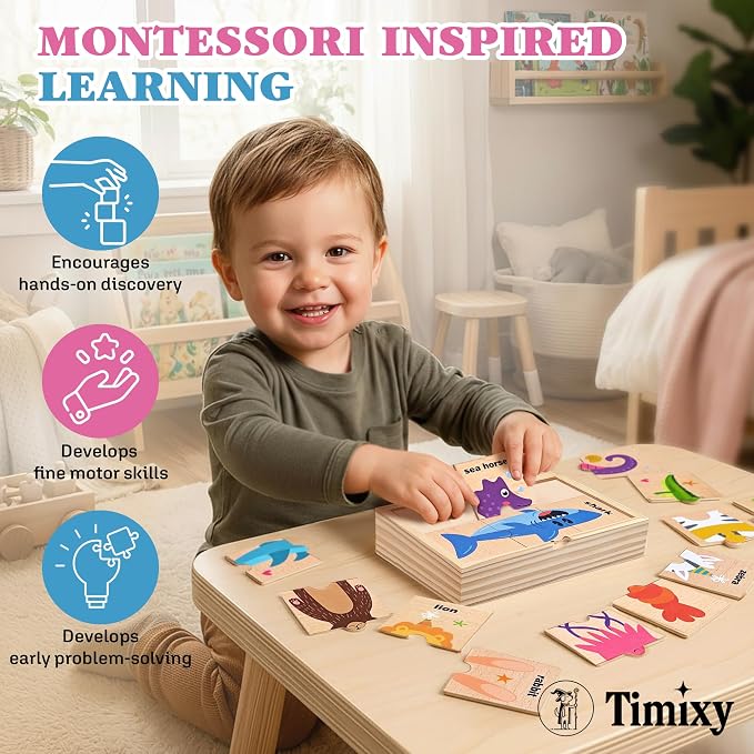 Montessori Wooden Animal Puzzle Toy Ages 3+, 48pc Matching Game with Box