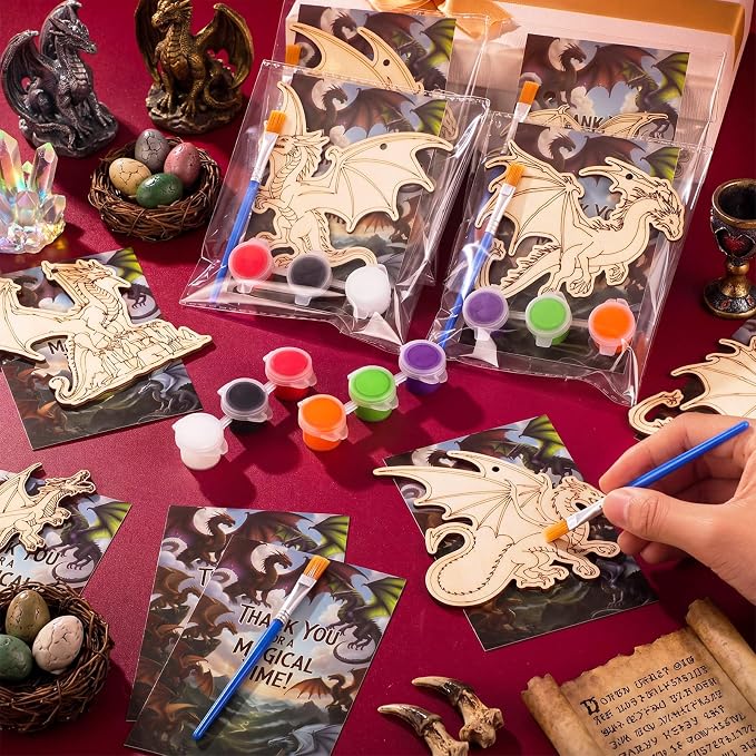 Saypacck 24 Pcs Party Favors Wooden Painting Craft Kits Birthday Party Supplies with Organza Bag for Goodie Bags Fillers Adult Thank You Gifts(Dragon)