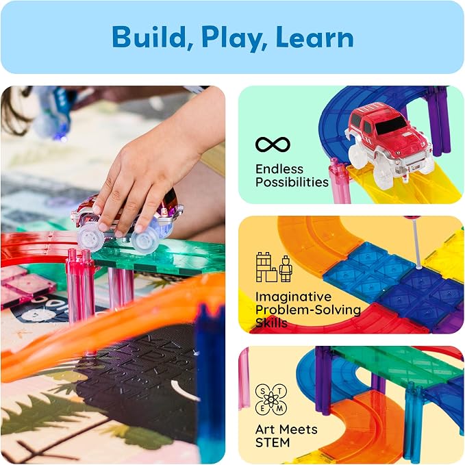 PicassoTiles 30 PCS Magnetic Race Track Toy Set STEM Educational Building | Ages 3+, BPA-free materials, promotes hand-eye coordination & engineering skills, Hands-On Learning & Screen Free Play