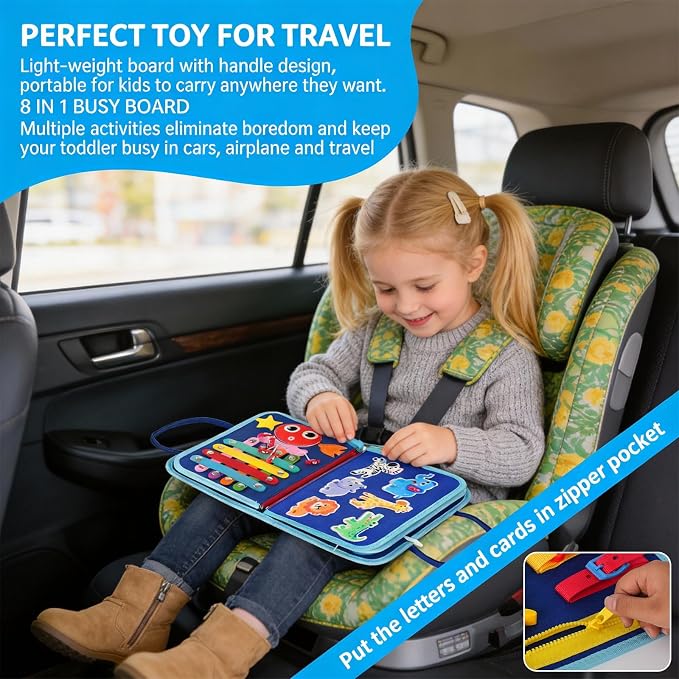 Montessori Busy Board for Toddlers – Sensory Busy Book with Buckles, Zippers, Letters, Animals, Toddler Activities – Fine Motor Skills Development Learning for Boys Girls Travel Activity