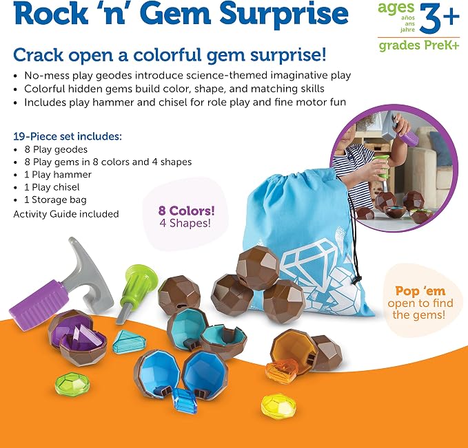 Learning Resources Rock 'n Gem Surprise | Sorting and Matching for Toddlers, Learn to Sort Colors and Shapes, Fine Motor Skills Toy, Learning Toys for Preschool