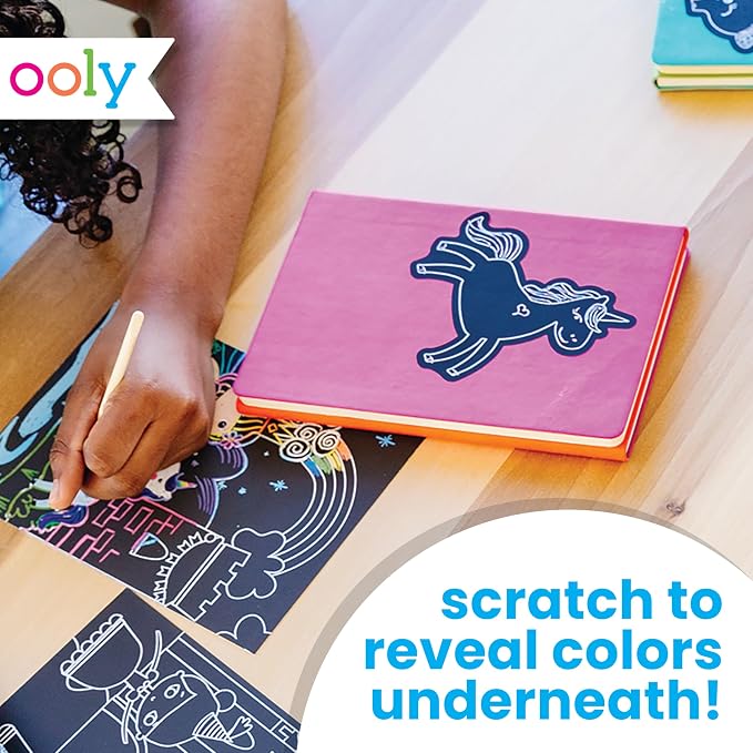 Ooly Scratch & Scribble Art Kit, 8 Cards, Sticker Sheet – Colorful Safari | Ages 6+, Wooden Stylus and Stickers Included, Screen-Free Portable Car and Airplane Travel Activity, Gift for Kids
